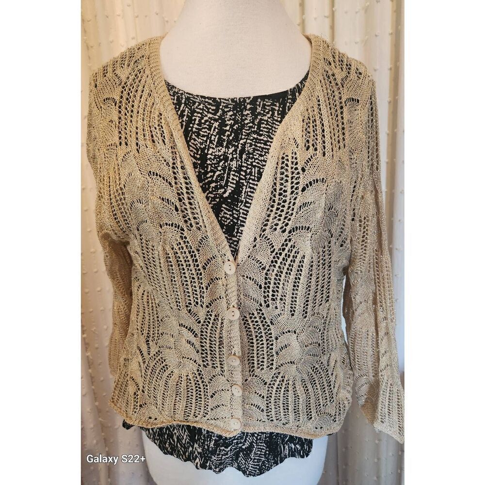 C6 Vandana sparkly gold crocheted dressy button up sweater cardigan shrug